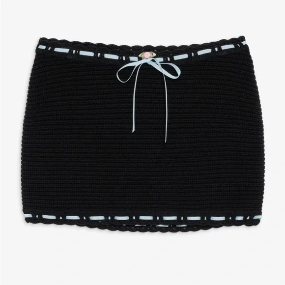 NWT For Love & Lemons Kelsey Black Crochet Mini Skirt with Blue Trim (L - READ) - Picture 2 of 5